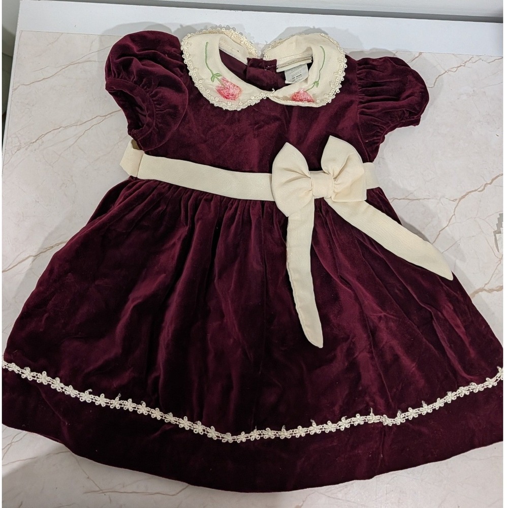 BT Kids Burgundy Velvet Baby Dress Floral Embroidered Collar Bow 18 Months